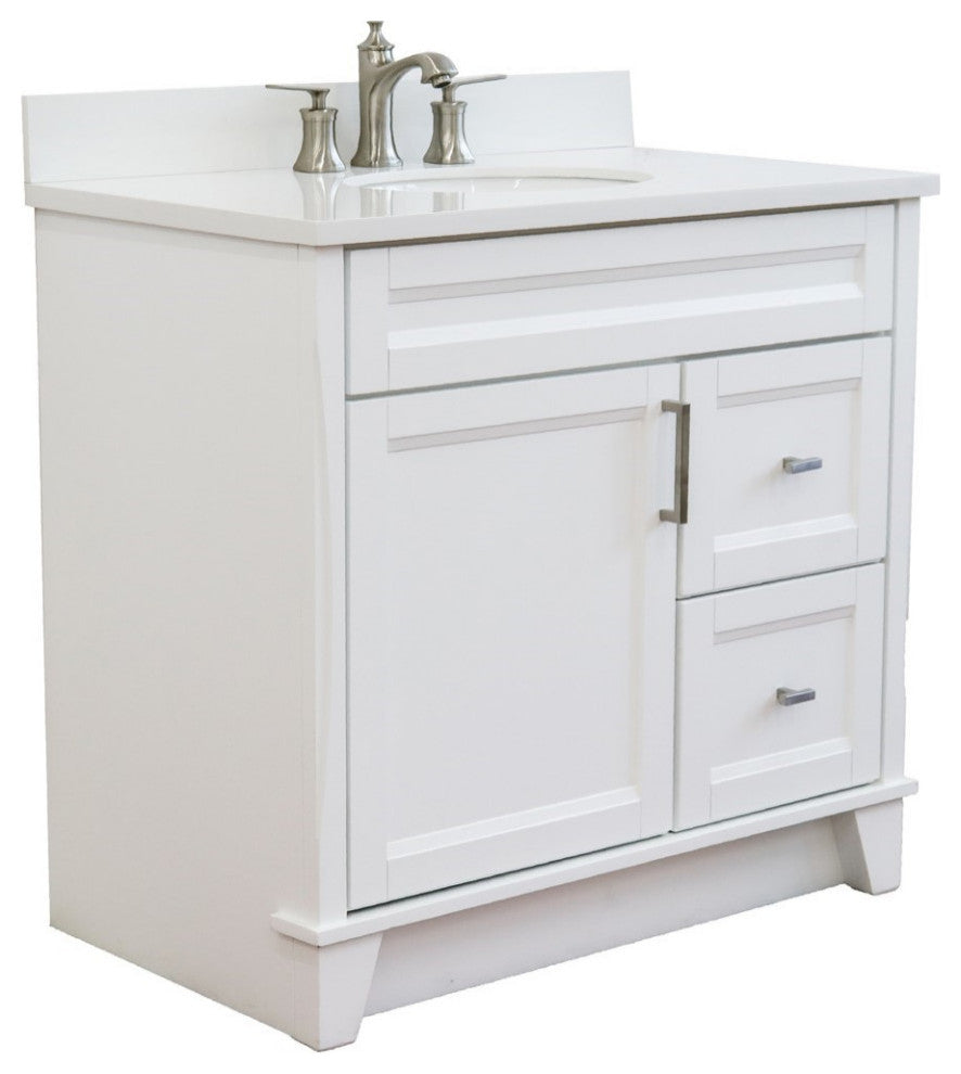37" Single Sink Vanity, White Finish With White Engineered Stone Top