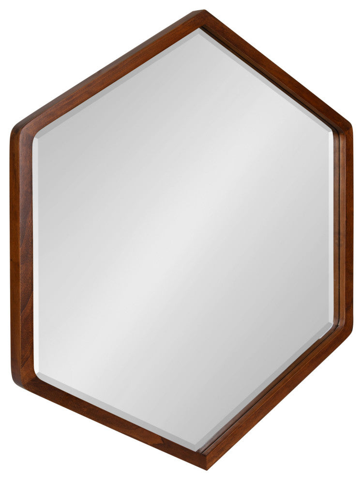 McLean Hexagon Wood Framed Wall Mirror, Walnut Brown 26x30