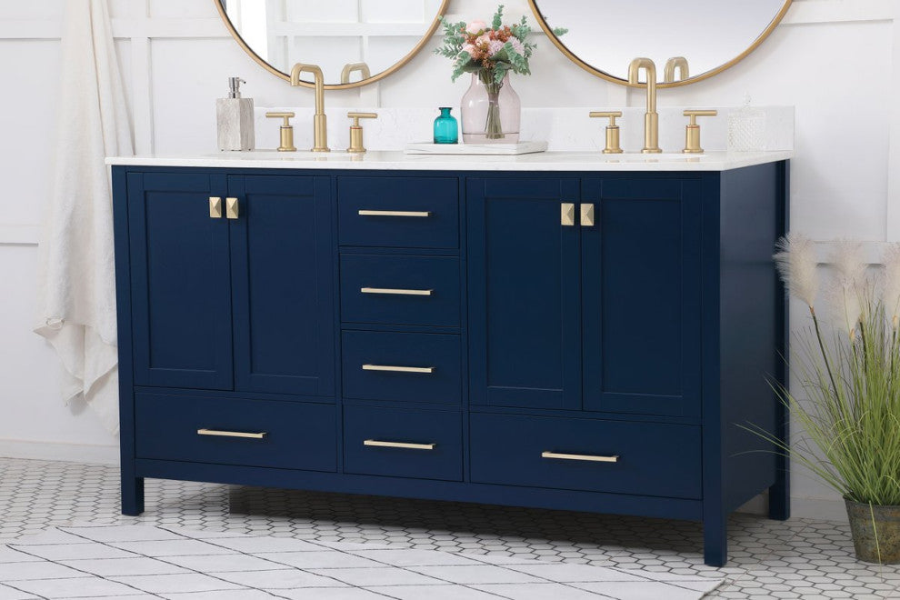 Elegant VF18860DBL-BS 60"Double Bathroom Vanity, Blue With Backsplash