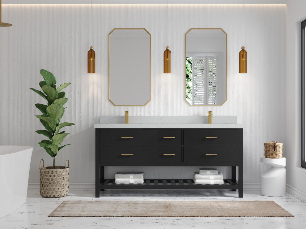 Parker 72" Double Sink Bath Vanity, Black 2" Carrara Quartz