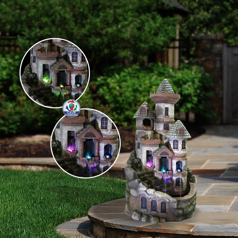 35" Tall Outdoor Tower Castle Fountain with Color Changing LED Lights