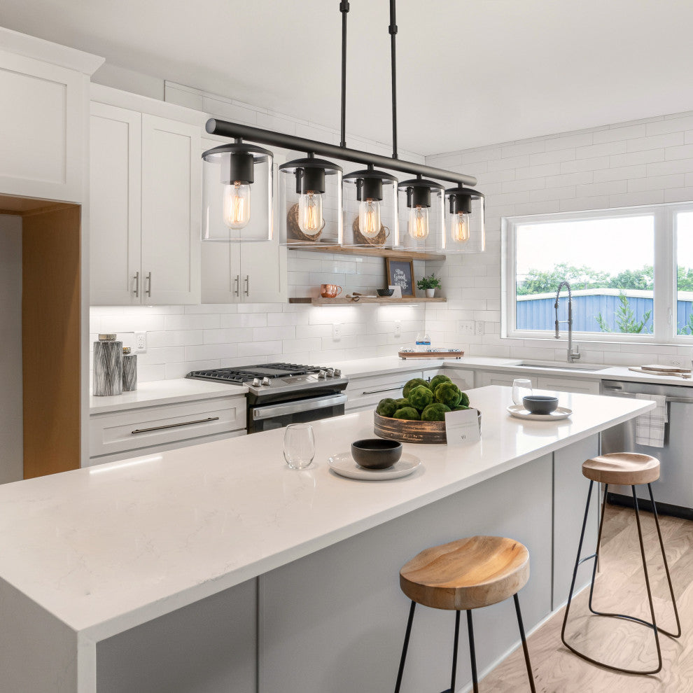 LALUZ 37" 5-Light Black and Clear Glass Modern Linear Pendant Lighting