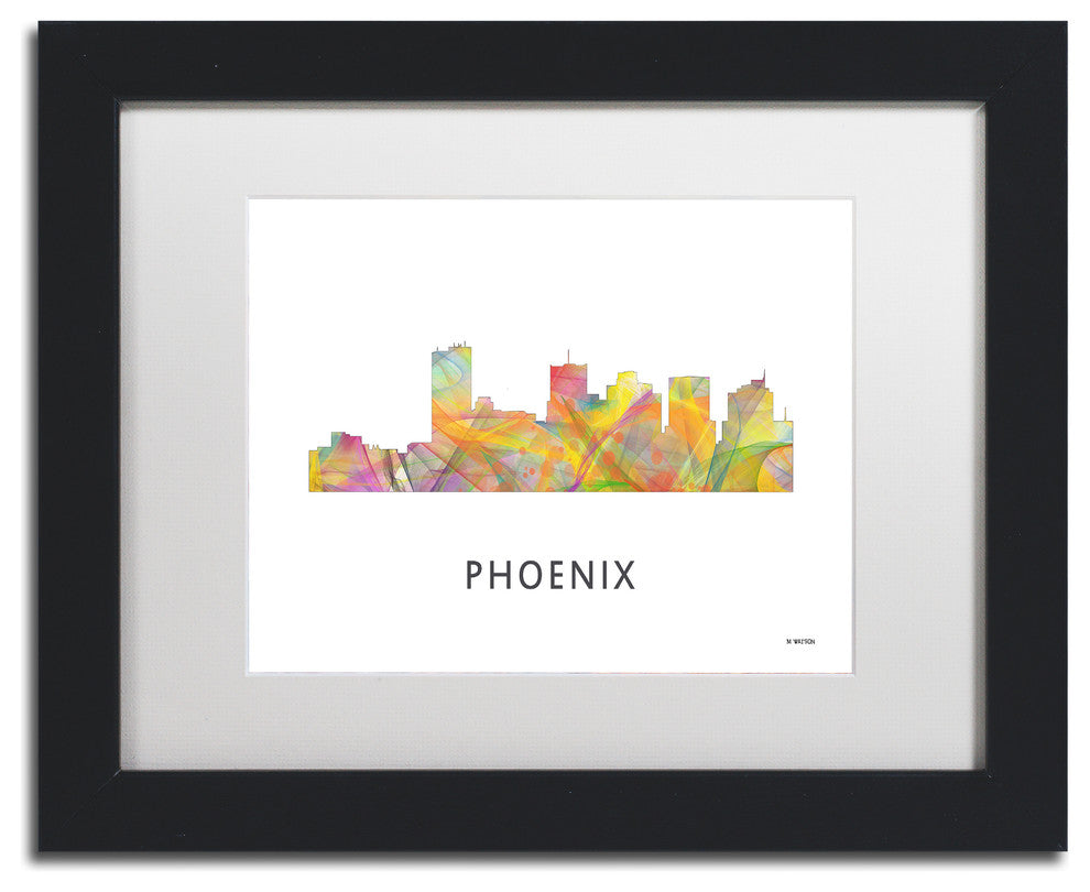 Phoenix Arizona Skyline Wb-1' Matted Framed Art, Black Frame, White Matte, 14x11