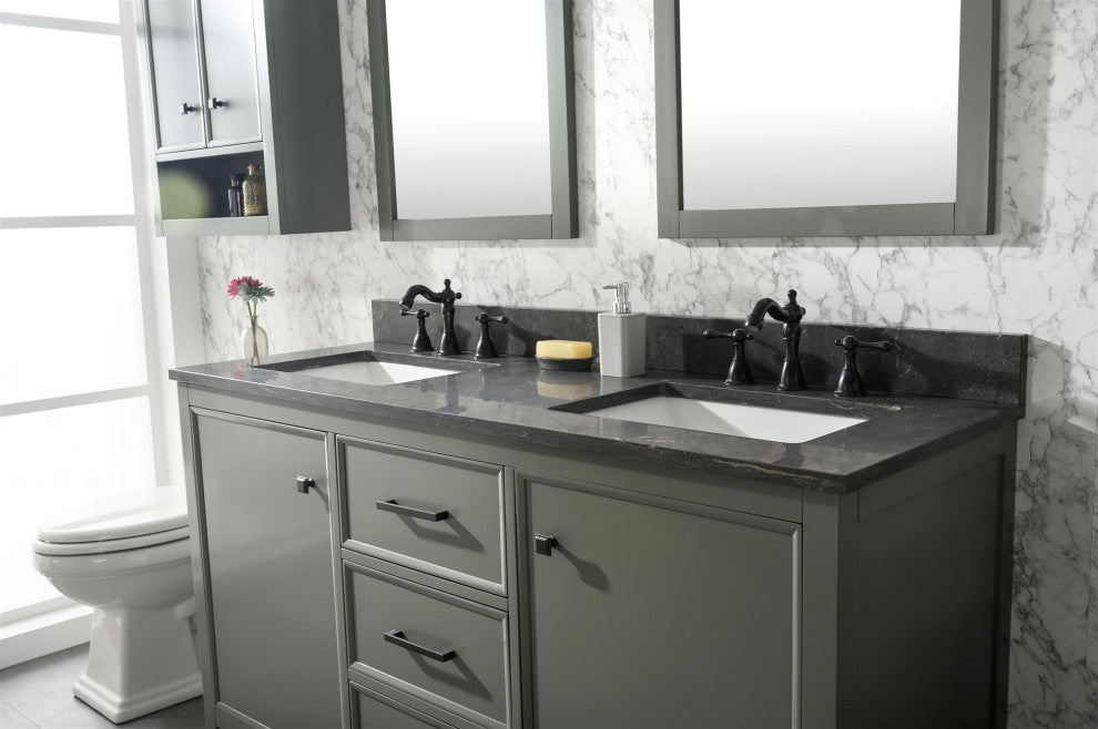 60" Double Sink Vanity Cabinet, Carrara White Top, Pewter Green