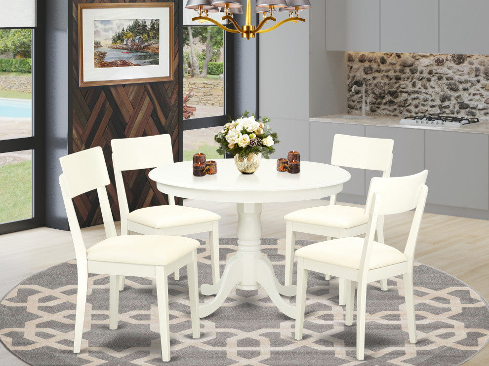 5Pc Hartland Set, One Dining Table, Four Faux Leather Seat Chairs, Linen White.