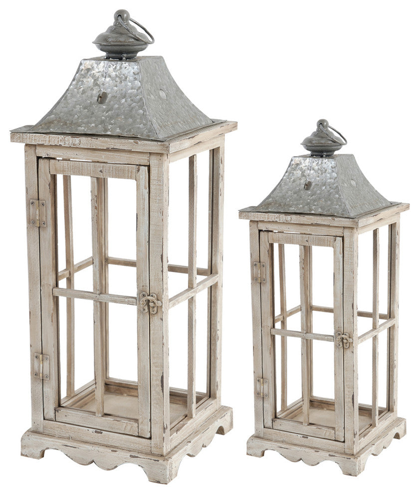 Benzara Wood & Metal Lanterns With Window Pane Design, White, 2-Piece Set