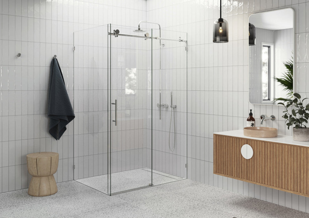 44"-48"x34"x78" Frameless Sliding Shower Door With Return Panel, Polished Chrome