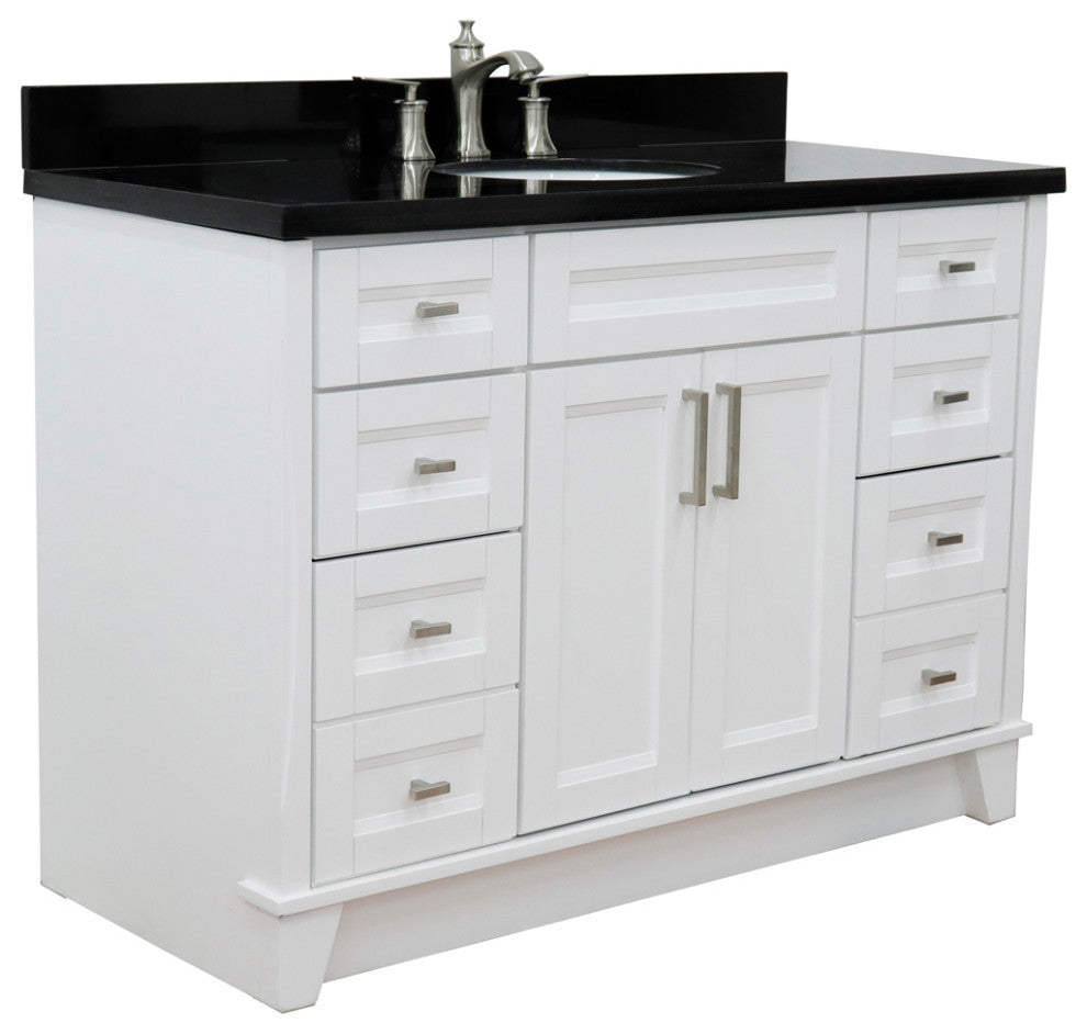 49" Single Sink Vanity, White Finish With Black Galaxy Granite And Oval Sink