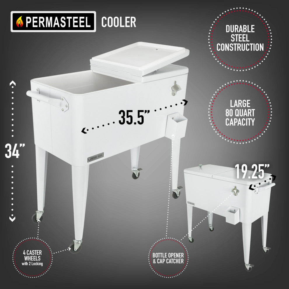 Permasteel 80 Quart Portable Rolling Patio Cooler, White