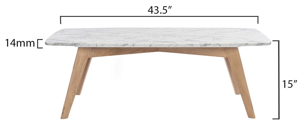 Faura 18" x 43.5" Rectangular Italian Carrara White Marble Table With Oak Legs