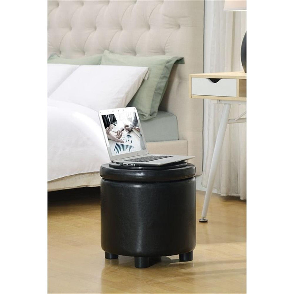 Designs4Comfort Round Accent Storage Ottoman in Black Faux Leather Fabric