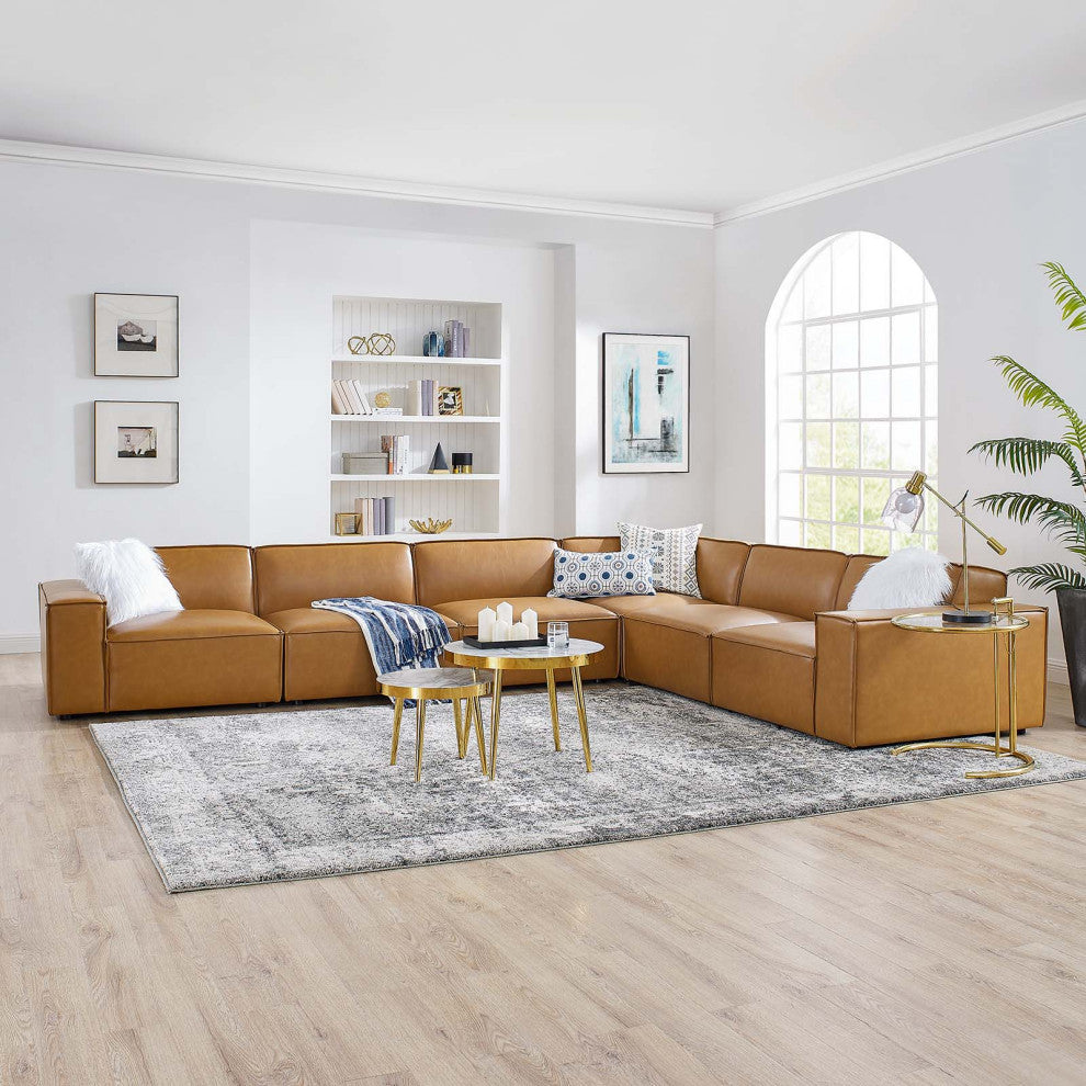 Sectional Sofa Set, Faux Vegan Leather, Tan, Modern, Living Lounge Hospitality