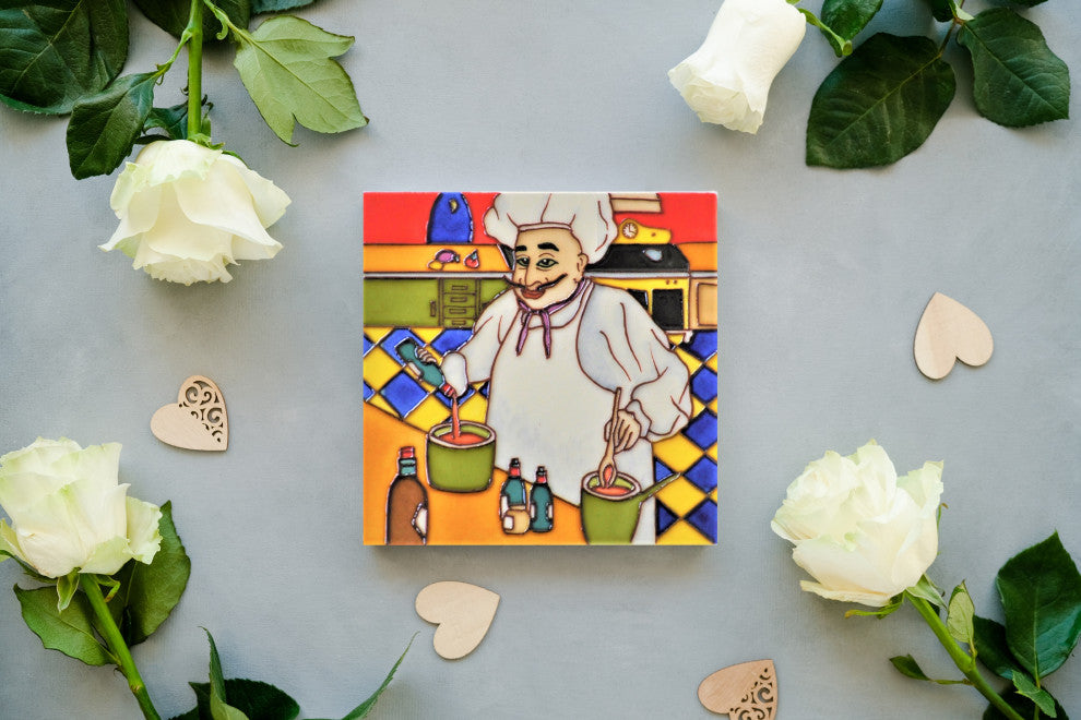 6x6" Chef Wearing an Apron Ceramic Art Tile Hot Plate Trivet and Wall Decor