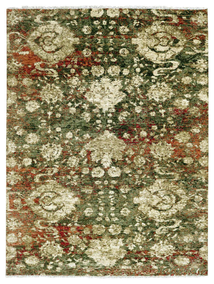 Green With Pop of Red, Hand Knotted Mahal Design, Pure Wool Rug, 9'1"x11'10"
