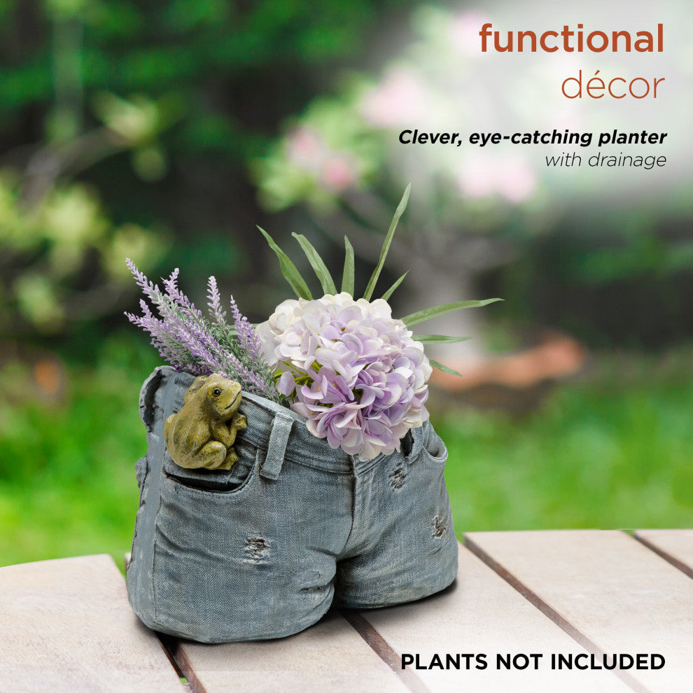 Rugged Denim Shorts Flower Planter with Frog