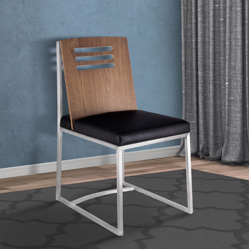 Oxford Dining Chair In Brushed Stainless Steel In Black Faux Leather, Set of 2