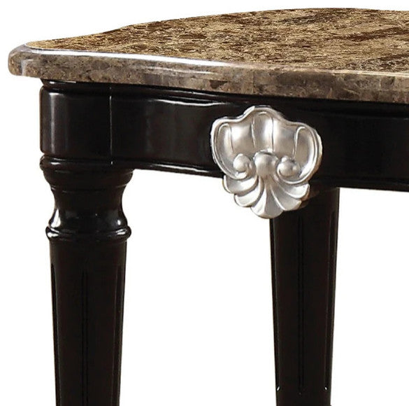 Benzara BM185795 Marble Top End Table With Carved Motif Turned Wood Legs, Black