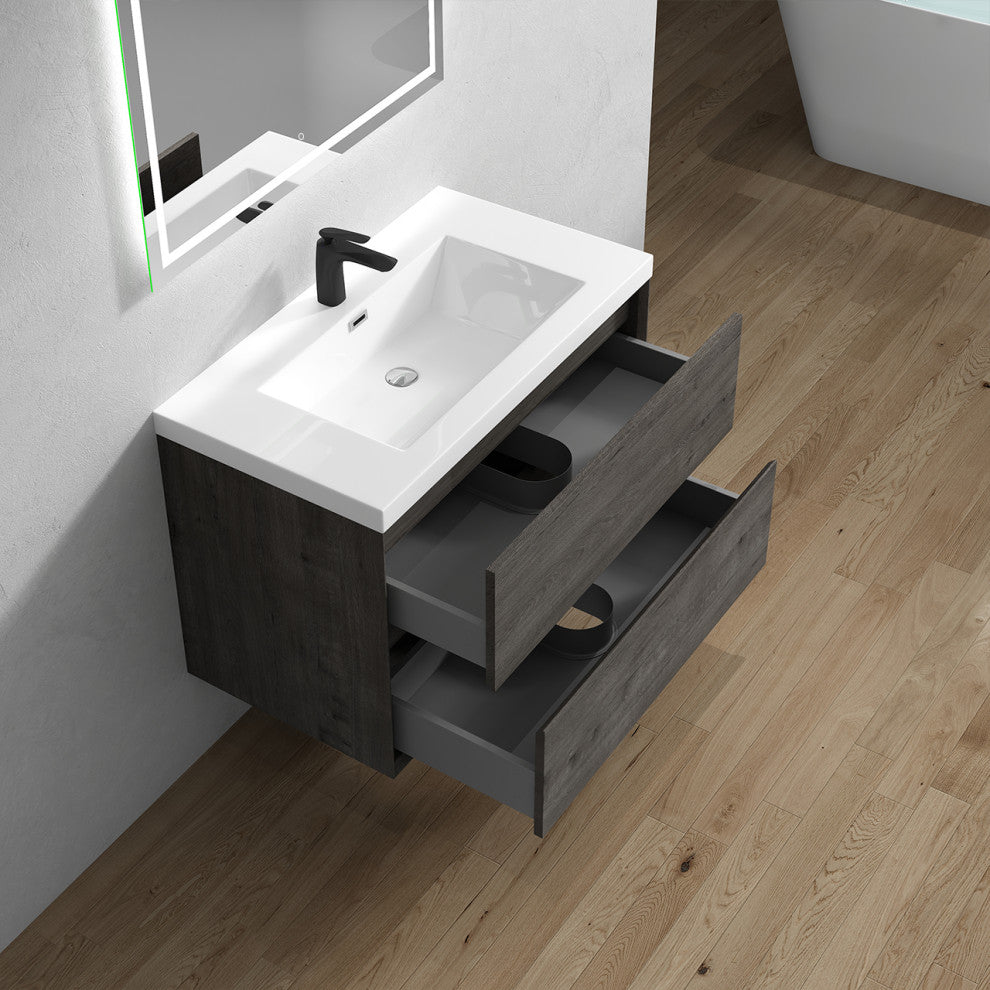 Kingdee Smoke Oak Wall Mounted Vanity With Reinforced Acrylic Sink, 36''