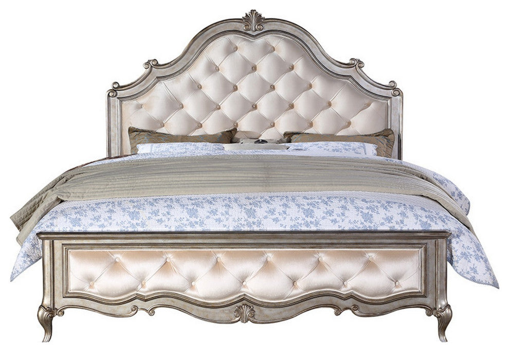 Benzara BM261927 Eastern King Bed With Button Tufting and Raised Molding, Gold