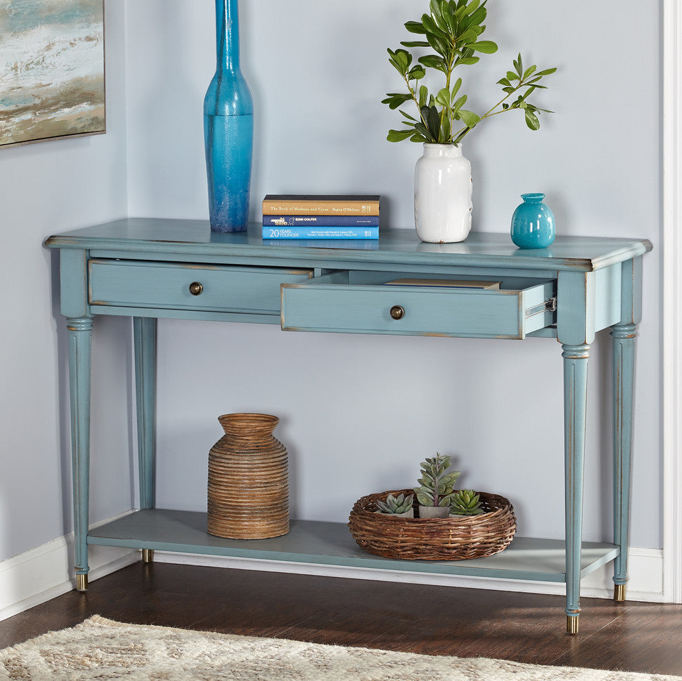 Emilia Sofa Table, Antique Blue With Distressed