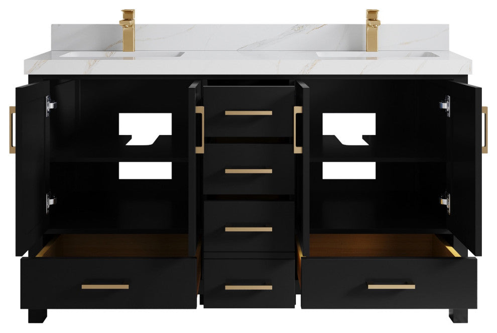 Malibu 60" Double Sink Bathroom Vanity in Black 2" Calacatta Sienna