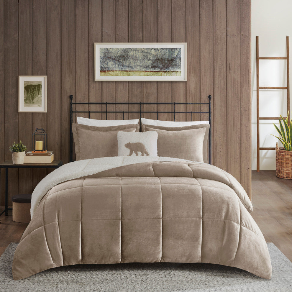 Woolrich Alton Plush to Sherpa Winter Comforter Set, Taupe, King
