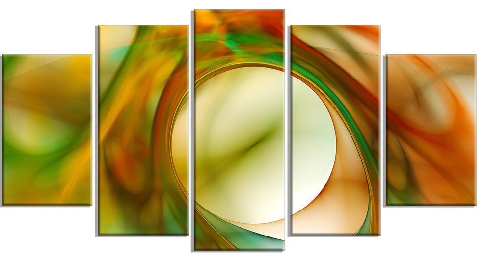 Circled Green Psychedelic Texture, Contemporary Art on Canvas, 60"x32", 5 Panels