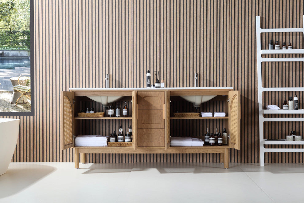 Nara Mid-Century Freestanding Bathroom Vanity, Pecan Oak, 72"