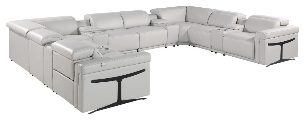GIOVANNI 12-Piece, 4-Power Reclining Italian Leather Sectional, Light Gray