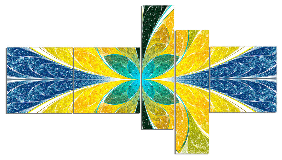 Yellow Fractal Stained Glass, Abstract Wall Art Canvas, 60"x32", 5 panels