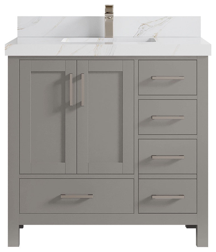 Malibu 36 Center Sink Bath Vanity in Elephant Skin Gray 2" Calacatta Sienna