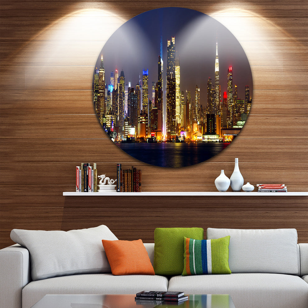 New York Skyline At Night, Cityscape Photo Disc Metal Artwork, 11"