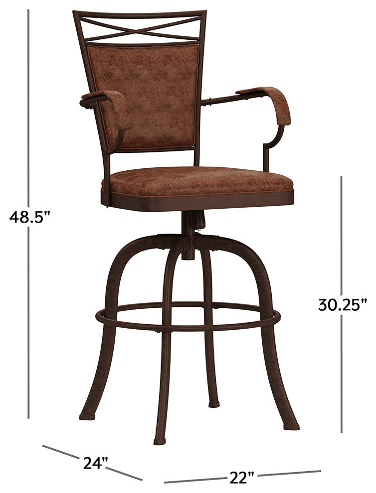Industrial Bar Stool, Metal Frame With Swivel Weathered Brown Faux Leather Seat,