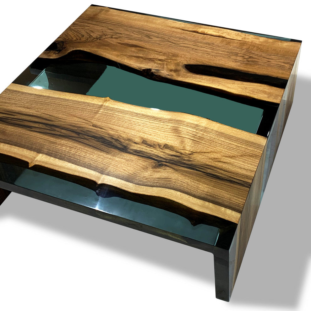 Smoked Aqua Green Waterfall Coffee Table, 27.6"