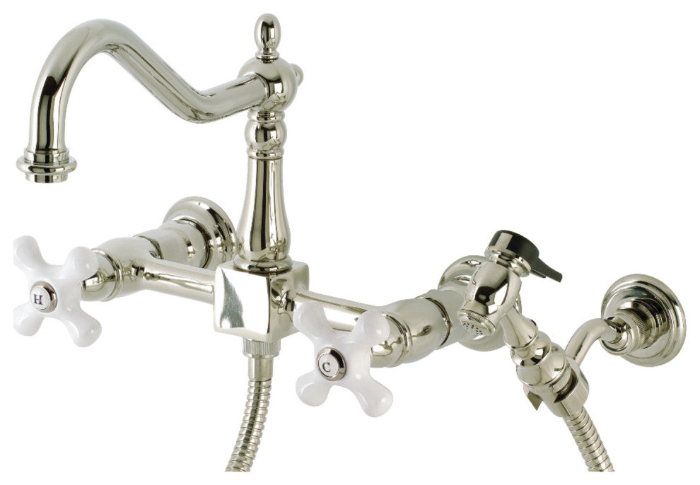 KS1246PXBS Wall Mount Bridge Kitchen Faucet With Brass Spray, Polished Nickel