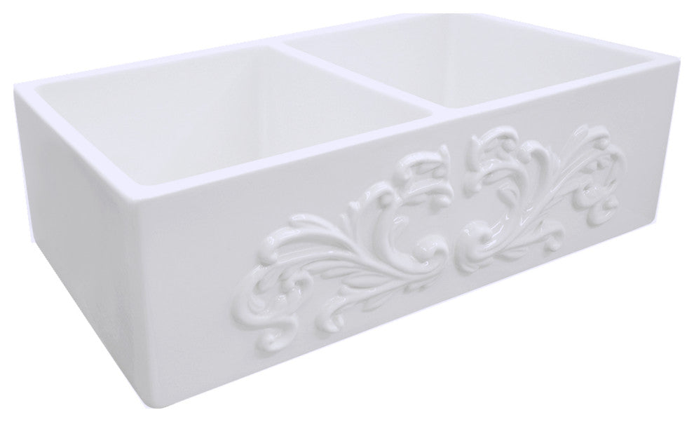 Nantucket Sinks FCFS3318D-Filigree 33 in. Double Bowl Farmhouse Fireclay Sink