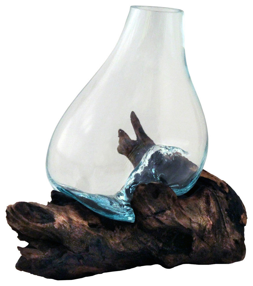 Molten Glass & Wood Vase, Approx 8 Tall