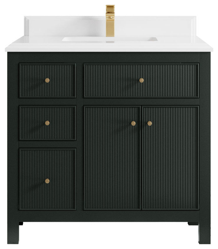 Sonoma 36 Center Sink Reeded Bath Vanity in Dark Forest Green 1.5" White Quartz