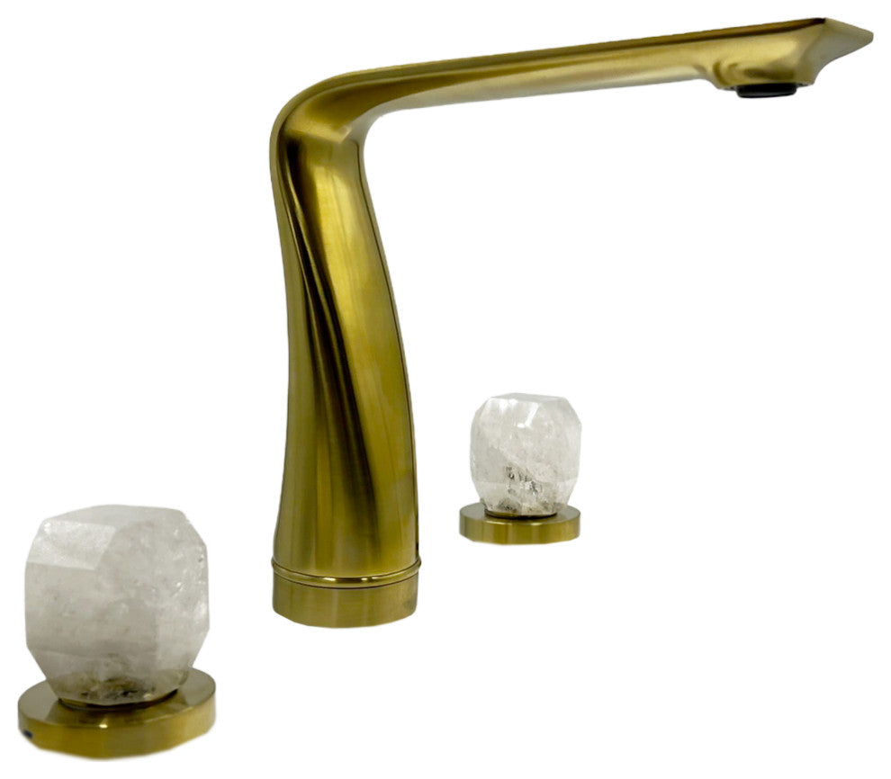 CastelloUSA Widespread, Bath Faucet, 2-White Rock Crystal Handles, Brushed Gold