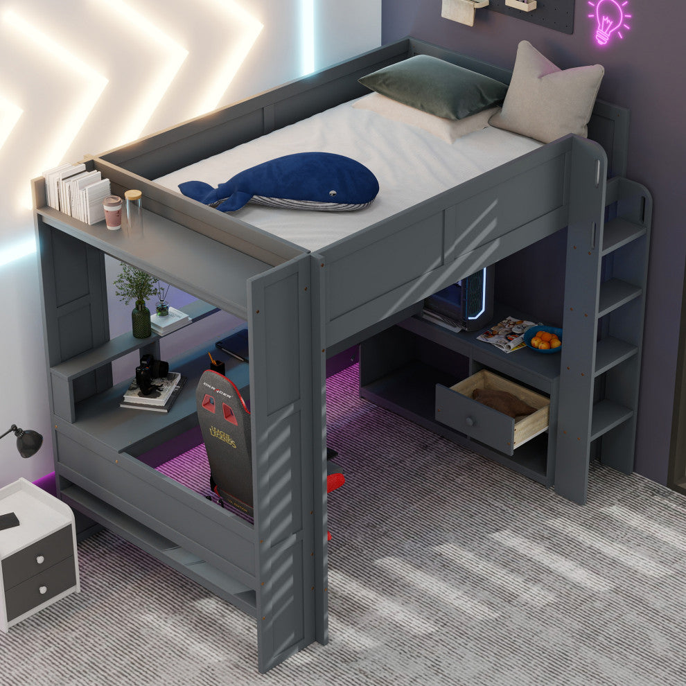 Gewnee Wood Full Size Gaming Loft Bed with Desk