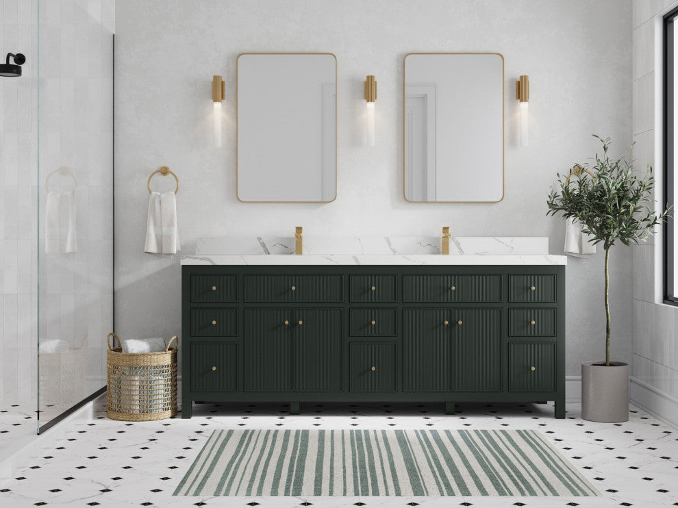 Sonoma 84 Double Sink Reeded Bath Vanity in Dark Forest Green 2" Calacatta Laza