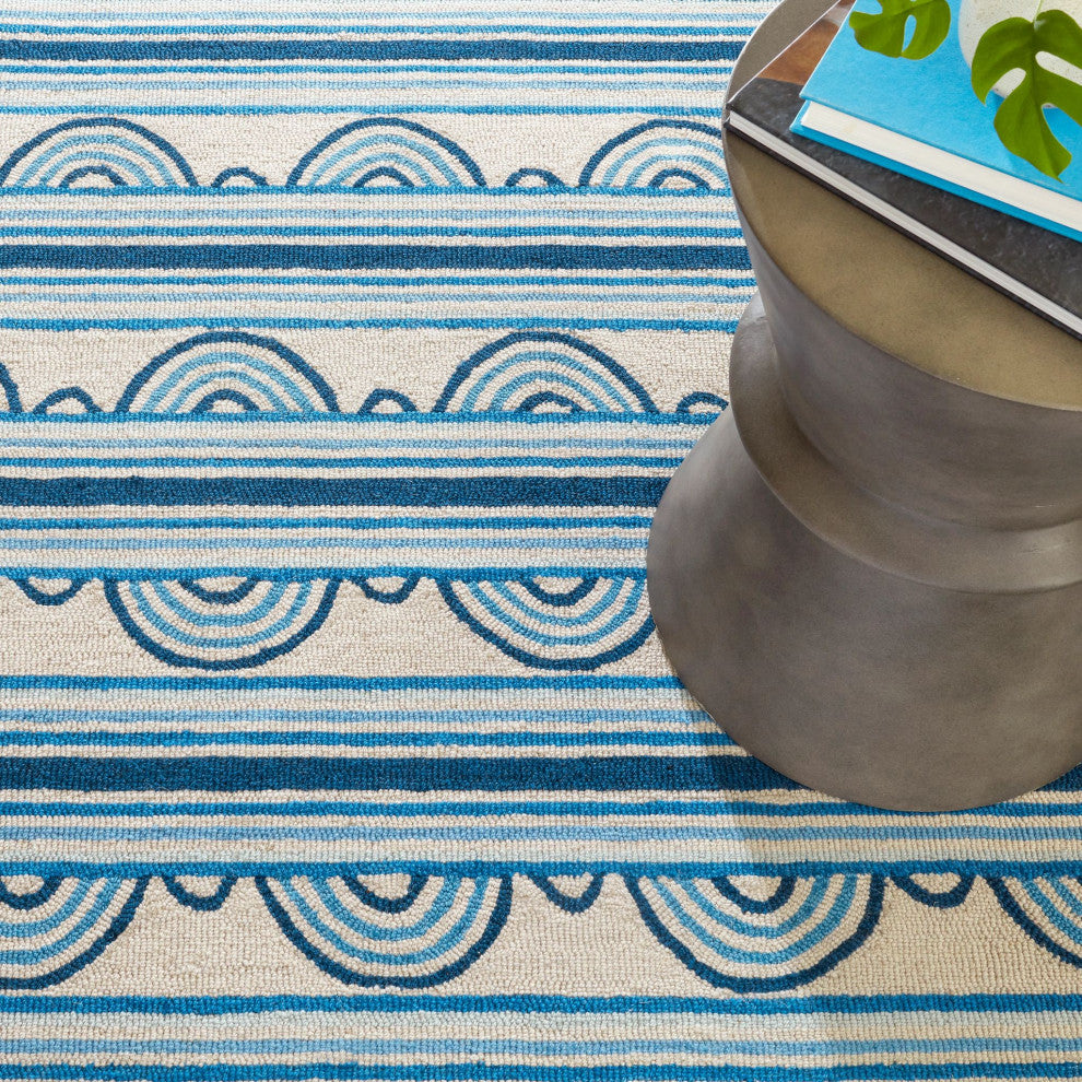 Kit Kemp x Dash & Albert Button Blue Hand Hooked Wool Rug, Blue, 2'6" x 8'