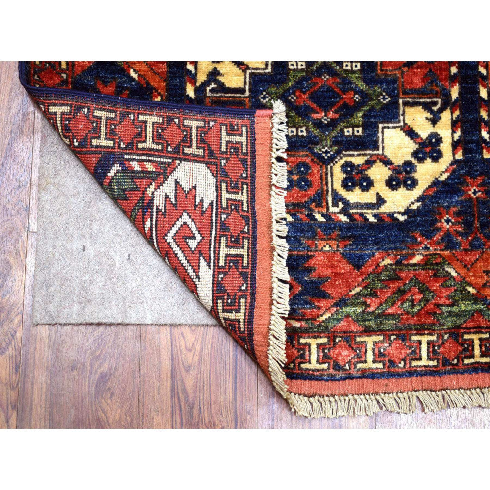 Blue Afghan Ersari with Elephant Feet Design Hand Knotted Wool Rug, 4'0" x 5'9"