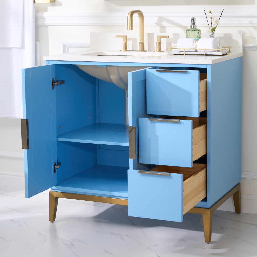 Alison Freestanding Bathroom Vanity with Italian Carrara White Marble Top, Light Blue, 36"