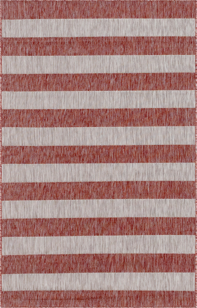 Unique Loom Aqua Blue Striped Outdoor Area Rug, Rust Red, Beige, 5' X 8'