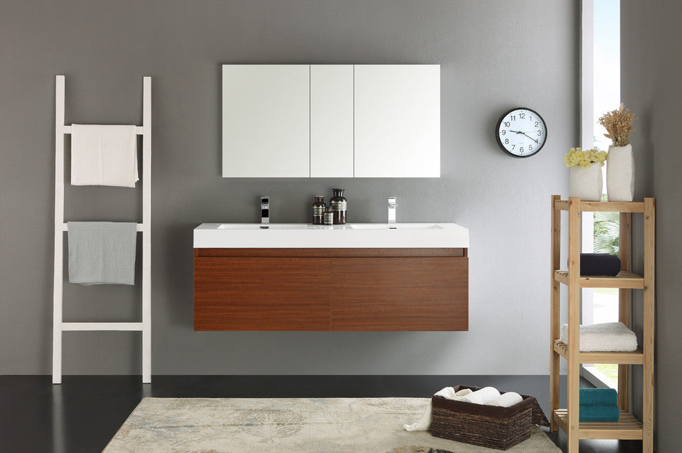 Mezzo 60" Teak Wall Hung Double Sink Modern Bathroom Vanity, FFT9151CH