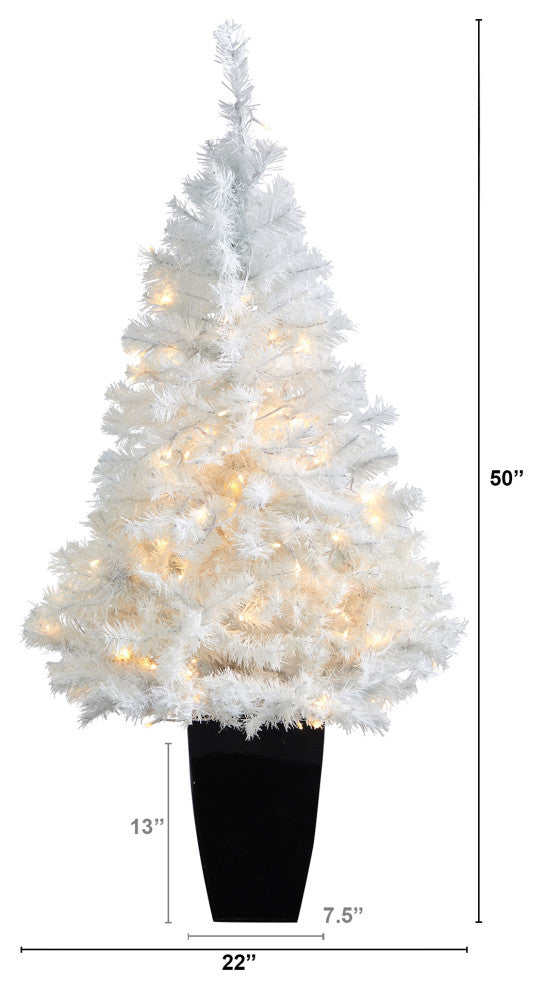 50" White Faux Christmas Tree With 100 Clear LED Lights, Black Metal Planter