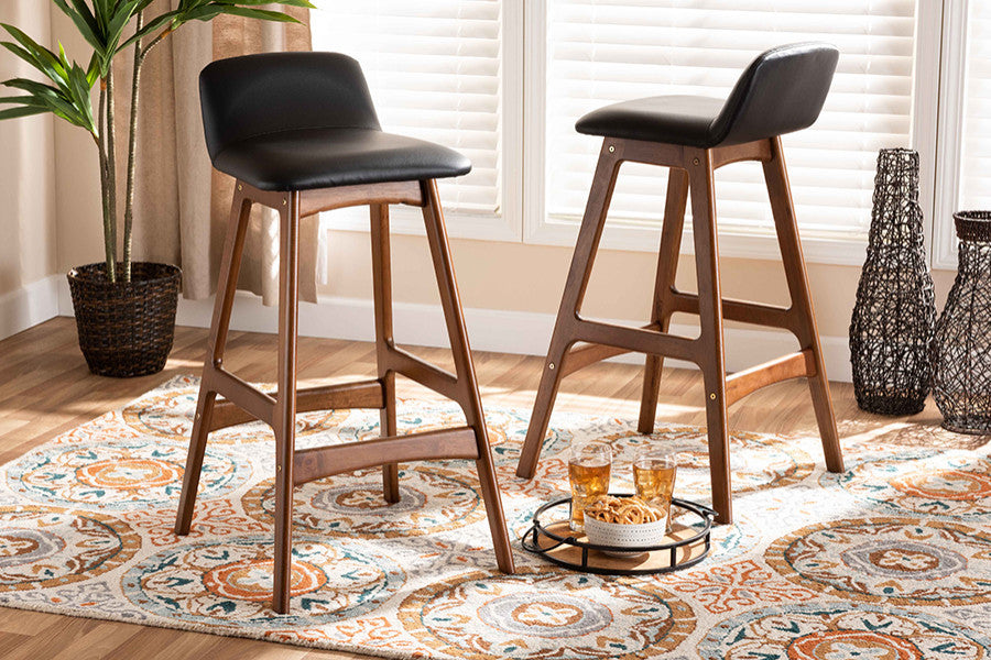 Cathryn Modern Black Faux Leather and Walnut Stools, Set of 2, Bar Height