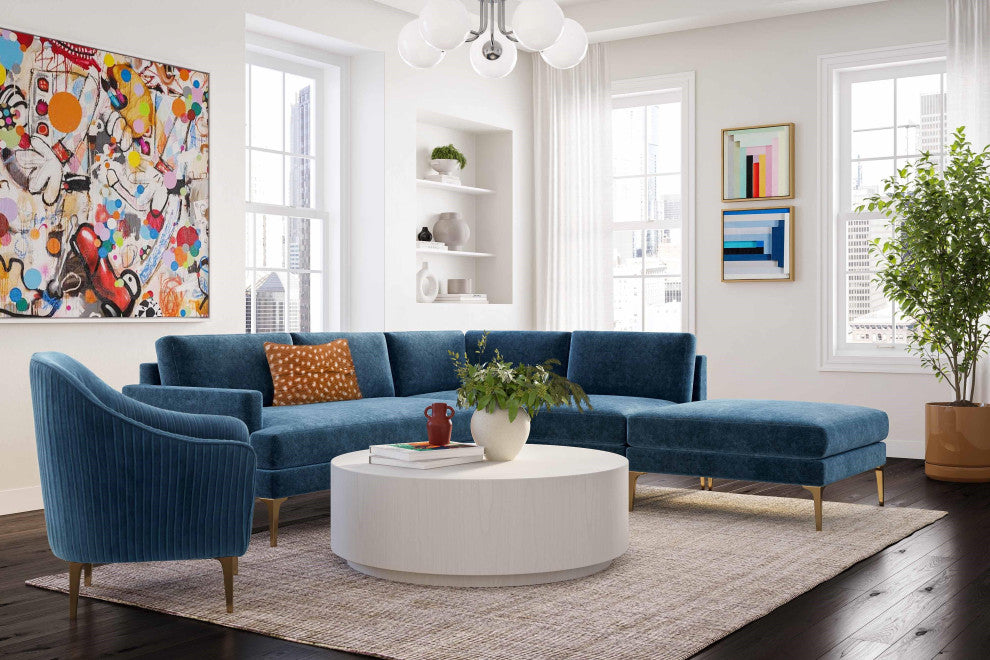 Serena Blue Velvet Large Right Arm Facing Chaise Sectional