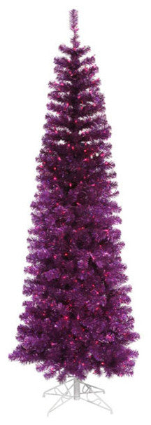 Pre-Lit Artificial Pencil Tinsel Christmas Tree, Purple Lights, Purple, 9', Purp